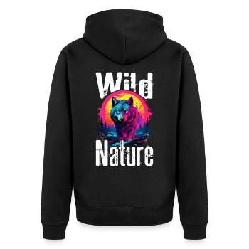 Wolf Wolfskopf Wölfe Wolfsrudel Natur Neon Bunt - Unisex Premium Bio Zip Hoodie - Schwarz - Hinten - Nico (187cm)