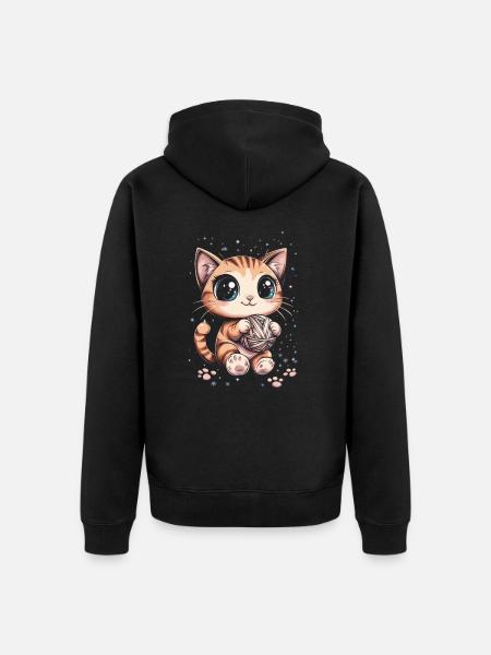 Süße Katze mit Wollknäuel - Unisex Premium Bio Zip Hoodie - Schwarz