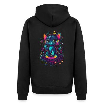 Chat mignon avec des écouteurs et un disque vinyle - Veste à capuche bio Premium Unisexe - noir - Dos - Nico (187cm)