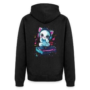 Chat mignon avec des écouteurs et un disque vinyle - Veste à capuche bio Premium Unisexe - noir - Dos - Nico (187cm)