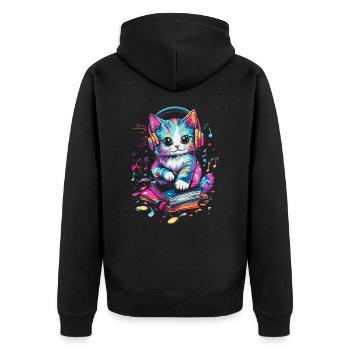Cute cat with headphones and books - Unisex Premium Organic Zip Hoodie - black - Back - Nico (187cm)