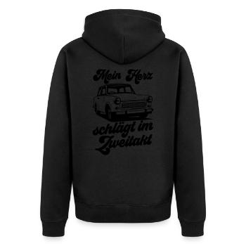 Farbe änderbar | Trabbi Zweitakt  - Unisex Premium Bio Zip Hoodie - Schwarz - Hinten - Nico (187cm)
