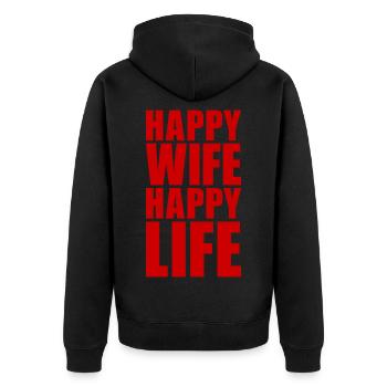 HAPPY WIFE HAPPY LIFE GIFT WOMAN MAN PARTNER - Unisex Premium Organic Zip Hoodie - black - Back - Nico (187cm)
