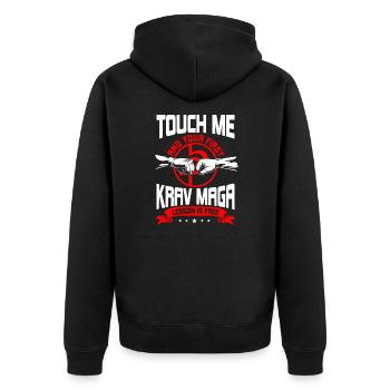 Krav Maga Shirt - Unisex Premium Bio Zip Hoodie - Schwarz - Hinten - Nico (187cm)