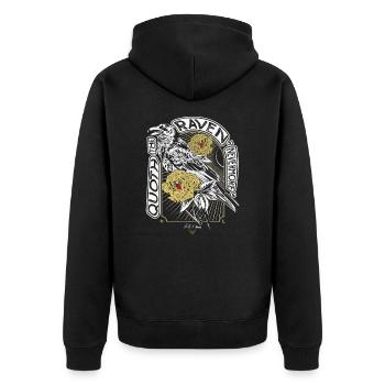 Rabe und Pfingstrosen - Edgar Allan Poe Zitat - Unisex Premium Bio Zip Hoodie - Schwarz - Hinten - Nico (187cm)