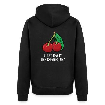 Kirsche - I just really like Cherries, ok? - Unisex Premium Bio Zip Hoodie - Schwarz - Hinten - Nico (187cm)