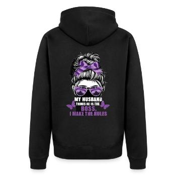 My Husband Thinks He Is The I Make The Rules - Unisex Premium Bio Zip Hoodie - Schwarz - Hinten - Nico (187cm)