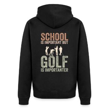 Schule ist wichtig, aber Golf ist noch wichtiger - Unisex Premium Bio Zip Hoodie - Schwarz - Hinten - Nico (187cm)