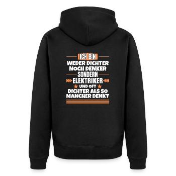 Weder Dichter noch Denker, sondern Elektriker - Unisex Premium Bio Zip Hoodie - Schwarz - Hinten - Nico (187cm)
