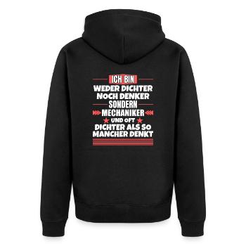 Weder Dichter noch Denker, sondern Mechaniker - Unisex Premium Bio Zip Hoodie - Schwarz - Hinten - Nico (187cm)