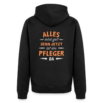 Alles wird gut denn jetzt ist der Pfleger da - Unisex Premium Bio Zip Hoodie - Schwarz - Hinten - Nico (187cm)