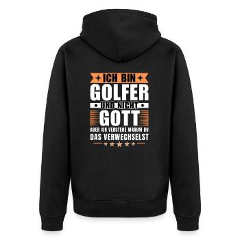 Ich bin Golfer und nicht Gott - Unisex Premium Bio Zip Hoodie - Schwarz - Hinten - Nico (187cm)