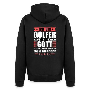 Ich bin Golfer und nicht Gott - Unisex Premium Bio Zip Hoodie - Schwarz - Hinten - Nico (187cm)