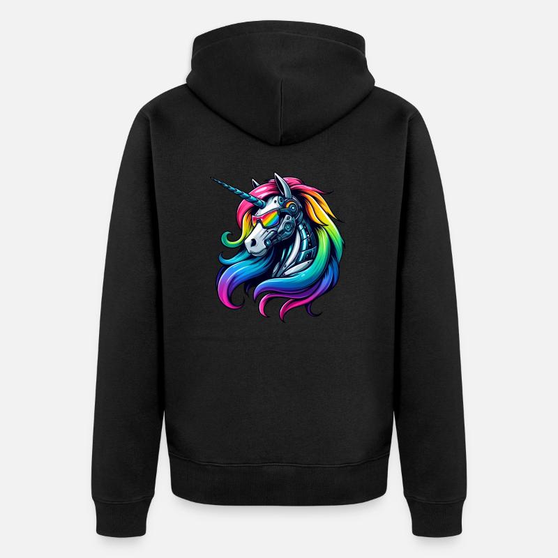 Cooler Cyborg-Einhorn Regenbogen - Unisex Premium Bio Zip Hoodie - Schwarz