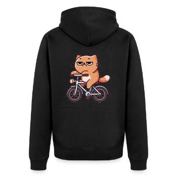 Entspannte Katze chillt auf Fahrrad - Unisex Premium Bio Zip Hoodie - Schwarz - Hinten - Nico (187cm)