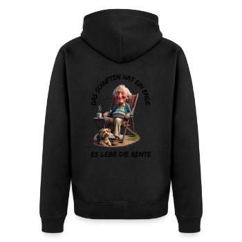 The toiling has come to an end - Long live the pension - Unisex Premium Organic Zip Hoodie - black - Back - Nico (187cm)