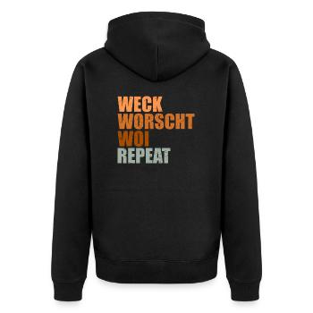Mainz Weck Worscht Woi Repeat - Unisex Premium Bio Zip Hoodie - Schwarz - Hinten - Nico (187cm)