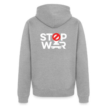 Stop War - Unisex Premium Bio Zip Hoodie - Grau meliert - Hinten - Nico (187cm)