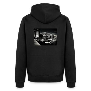 Five Boats Marina Duisburg b/w - Unisex Premium Bio Zip Hoodie - Schwarz - Hinten - Nico (187cm)