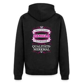 Qualitätsmerkmal Daniela einfach Erstklassig - Unisex Premium Bio Zip Hoodie - Schwarz - Hinten - Nico (187cm)