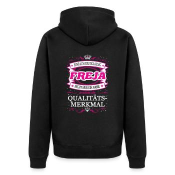 Qualitätsmerkmal Freja einfach Erstklassig Outfit - Unisex Premium Bio Zip Hoodie - Schwarz - Hinten - Nico (187cm)