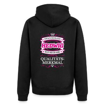 Qualitätsmerkmal Hedwig, einfach Erstklassig - Unisex Premium Bio Zip Hoodie - Schwarz - Hinten - Nico (187cm)