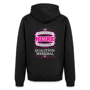 Qualitätsmerkmal Heike einfach Erstklassig - Unisex Premium Bio Zip Hoodie - Schwarz - Hinten - Nico (187cm)