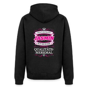Qualitätsmerkmal Jasmin einfach Erstklassig - Unisex Premium Bio Zip Hoodie - Schwarz - Hinten - Nico (187cm)