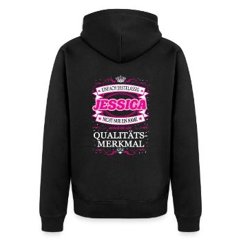 Qualitätsmerkmal Jessica einfach Erstklassig - Unisex Premium Bio Zip Hoodie - Schwarz - Hinten - Nico (187cm)