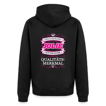 Qualitätsmerkmal Jolie einfach Erstklassig - Unisex Premium Bio Zip Hoodie - Schwarz - Hinten - Nico (187cm)