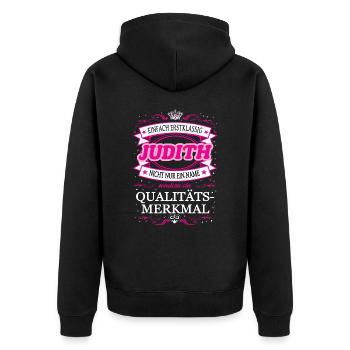 Qualitätsmerkmal Judith einfach Erstklassig - Unisex Premium Bio Zip Hoodie - Schwarz - Hinten - Nico (187cm)