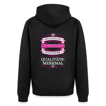 Qualitätsmerkmal Magdalena einfach Erstklassig - Unisex Premium Bio Zip Hoodie - Schwarz - Hinten - Nico (187cm)