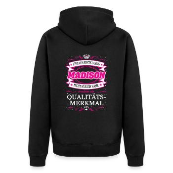 Qualitätsmerkmal Madison einfach Erstklassig - Unisex Premium Bio Zip Hoodie - Schwarz - Hinten - Nico (187cm)