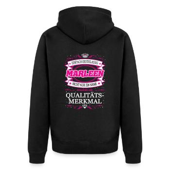 Qualitätsmerkmal Marleen einfach Erstklassig - Unisex Premium Bio Zip Hoodie - Schwarz - Hinten - Nico (187cm)