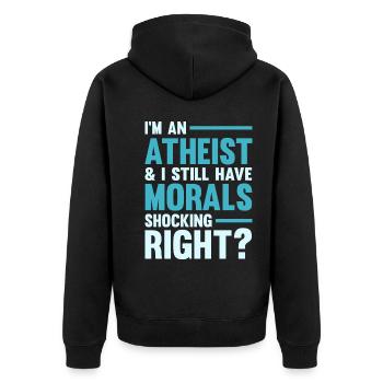 Atheismus Sprüche | Atheisten Atheist Geschenkidee - Unisex Premium Bio Zip Hoodie - Schwarz - Hinten - Nico (187cm)