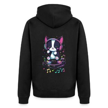 Chat mignon avec des écouteurs et un disque - Veste à capuche bio Premium Unisexe - noir - Dos - Nico (187cm)