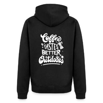 Outdoor Spruch Coffee tastes better Outdoors - Unisex Premium Bio Zip Hoodie - Schwarz - Hinten - Nico (187cm)