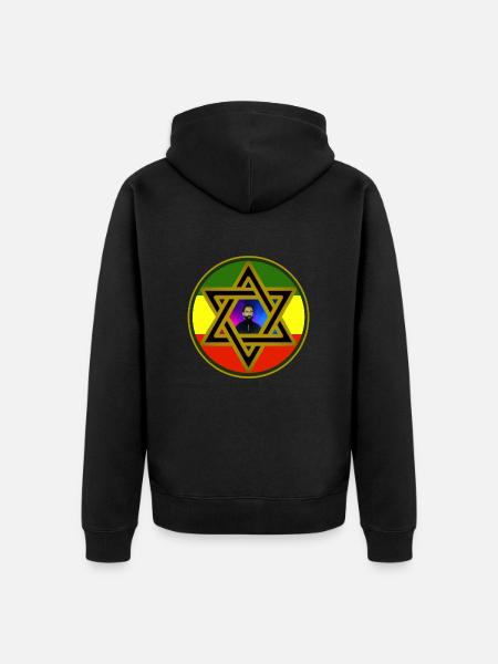 Haile Selassie I. i Davidsstjernen på Rasta-farver - Premium økologisk unisex-hættejakke - sort