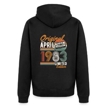 Original seit April 1983 - Unisex Premium Bio Zip Hoodie - Schwarz - Hinten - Nico (187cm)