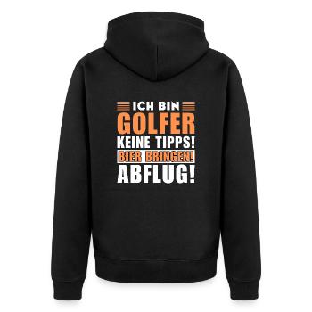 Ich bin Golfer - Keine Tipps! Bier bringen - Unisex Premium Bio Zip Hoodie - Schwarz - Hinten - Nico (187cm)
