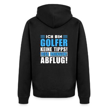 Ich bin Golfer - Keine Tipps! Bier bringen - Unisex Premium Bio Zip Hoodie - Schwarz - Hinten - Nico (187cm)