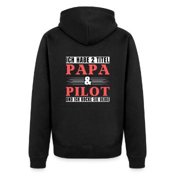 Ich habe 2 Titel Papa und Pilot - Unisex Premium Bio Zip Hoodie - Schwarz - Hinten - Nico (187cm)