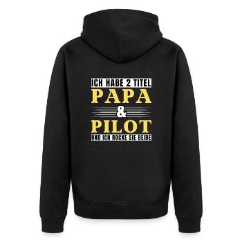 Ich habe 2 Titel Papa und Pilot - Unisex Premium Bio Zip Hoodie - Schwarz - Hinten - Nico (187cm)