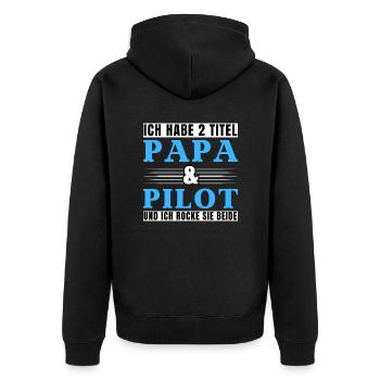 Ich habe 2 Titel Papa und Pilot - Unisex Premium Bio Zip Hoodie - Schwarz - Hinten - Nico (187cm)