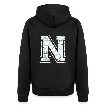 Letter N in white in the used look - Unisex Premium Organic Zip Hoodie - black - Back - Nico (187cm)