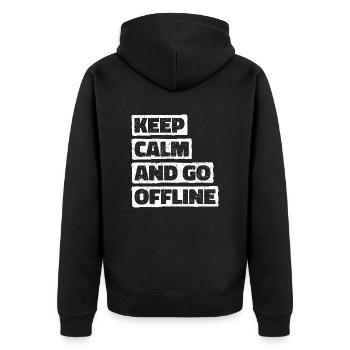 Keep Calm And Go Offline. Wandern Design - Unisex Premium Bio Zip Hoodie - Schwarz - Hinten - Nico (187cm)