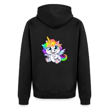 00264 flauschiges Einhorn Baby mit Regenbogenmähne - Unisex Premium Bio Zip Hoodie - Schwarz - Hinten - Nico (187cm)