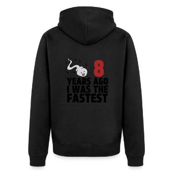 Vor 8 Jahren war ich der Schnellste - Unisex Premium Bio Zip Hoodie - Schwarz - Hinten - Nico (187cm)