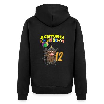 Achtung Ich Bin Schon 12 Geburtstag Büffel Bison - Unisex Premium Bio Zip Hoodie - Schwarz - Hinten - Nico (187cm)