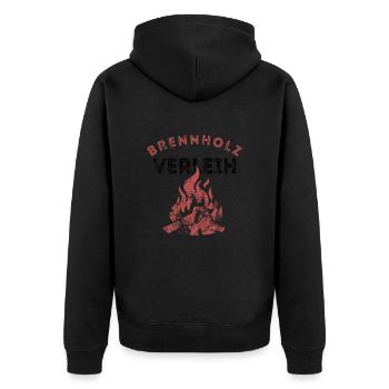Brennholz Verleih - Ironie - Spruch - Unisex Premium Bio Zip Hoodie - Schwarz - Hinten - Nico (187cm)